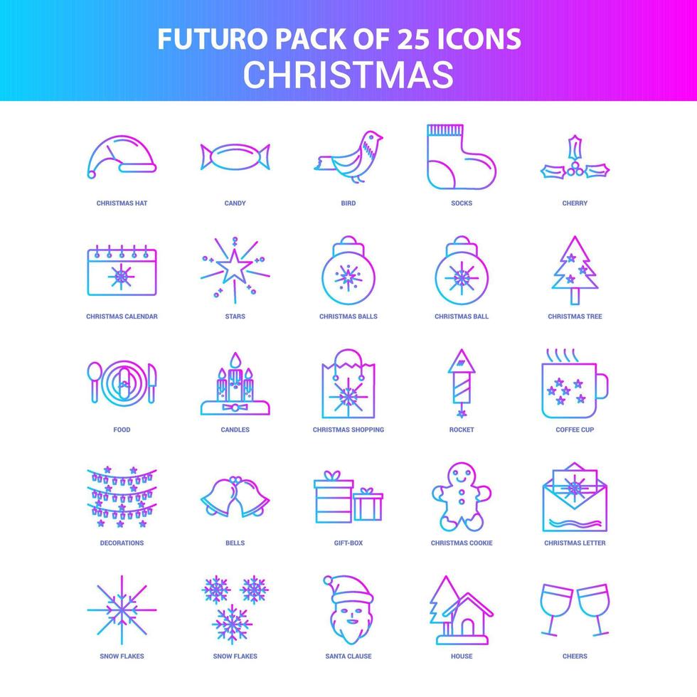 25 paquete de iconos de navidad futuro azul y rosa vector