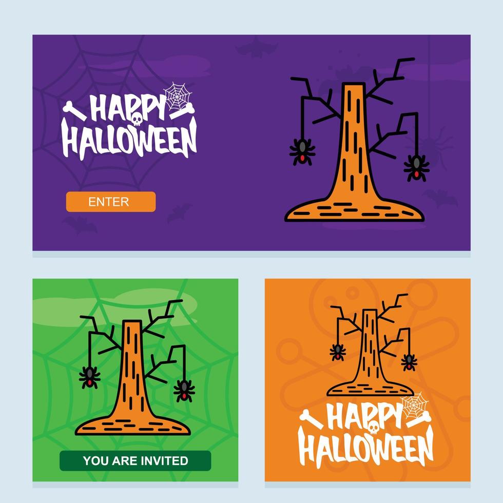 feliz diseño de invitación de halloween con vector de árbol y murciélago