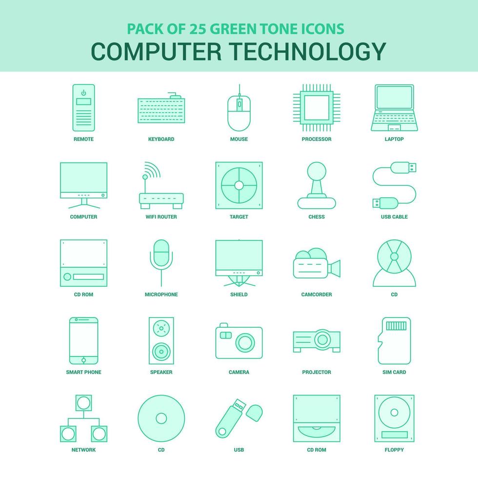 25 conjunto de iconos de tecnología informática verde vector