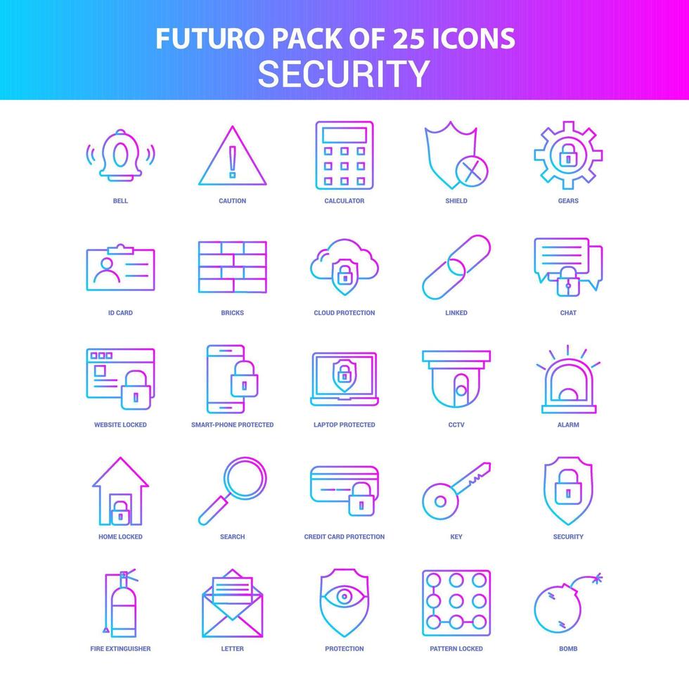paquete de 25 iconos de seguridad futuro azul y rosa vector