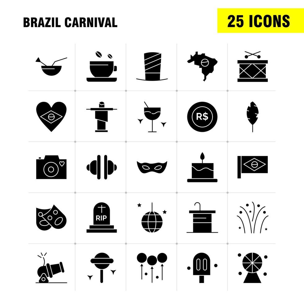 Brazil Carnival Solid Glyph Icon Pack For Designers And Developers Icons Of Tea Cup Coffee Tablet Currency Coin Money Cannon Vector