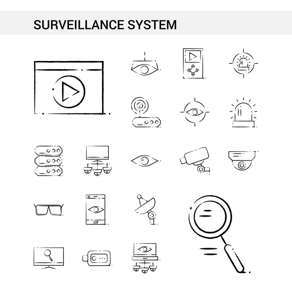 Surveillance hand drawn Icon set style isolated on white background Vector