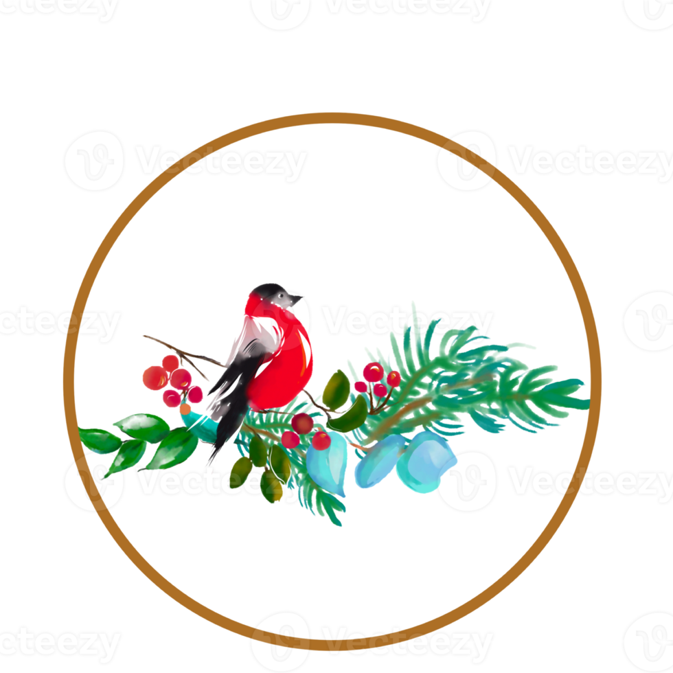 Wreath icon with bird, branches and berry. Watercolour illustration. png