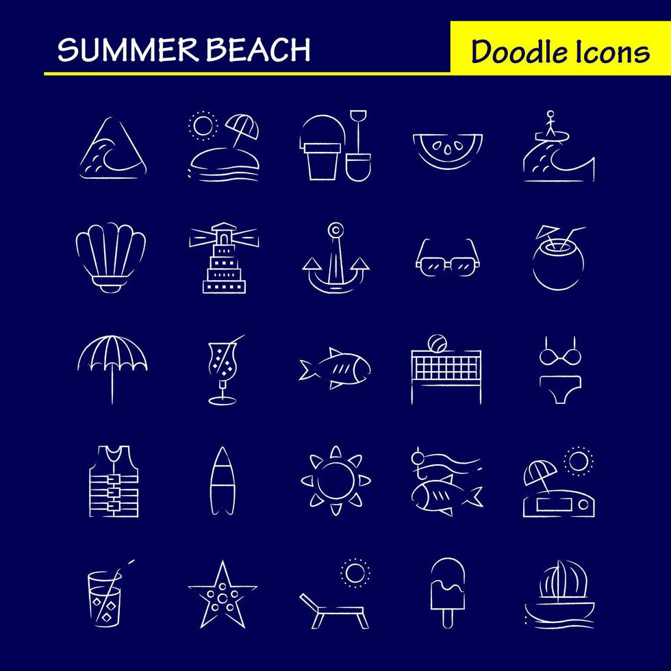 paquete de iconos dibujados a mano de playa para diseñadores y desarrolladores iconos de peces estrella de mar estrella de mar fruta de coco vector de playa tropical