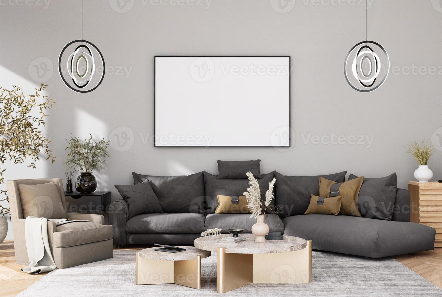 mock up poster frame in modern interior fully furnished rooms background, living room, photo