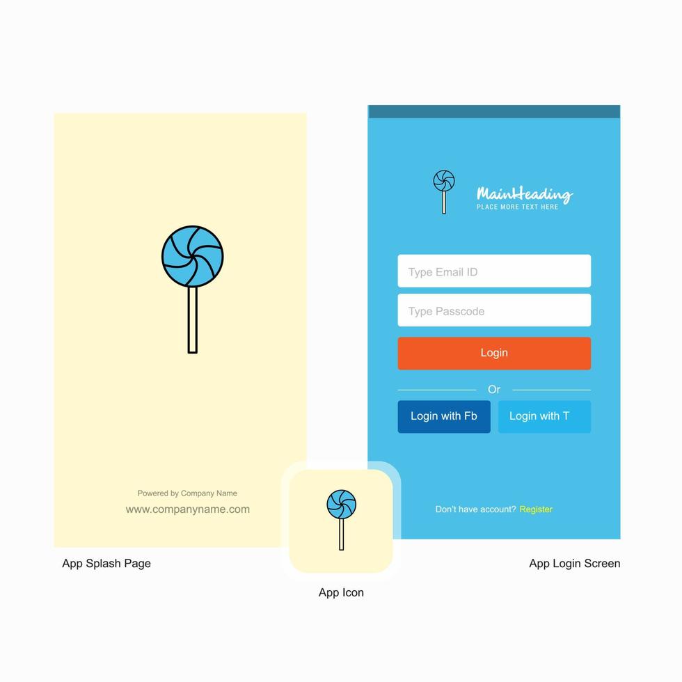 pantalla de inicio de lollypop de la empresa y diseño de página de inicio de sesión con plantilla de logotipo plantilla de negocio móvil en línea vector