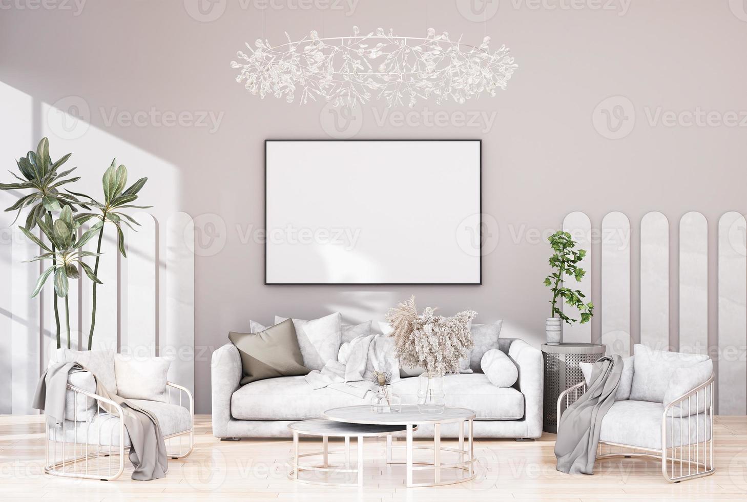 mock up poster frame in modern interior fully furnished rooms background, living room, photo