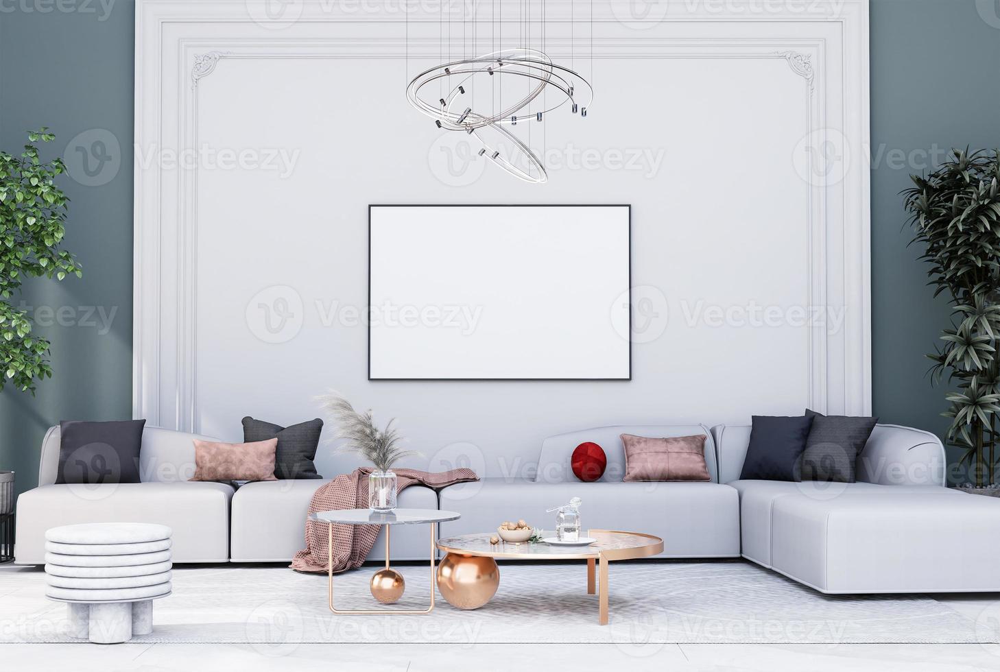 marco de póster simulado en interiores modernos habitaciones completamente amuebladas fondo, sala de estar, foto