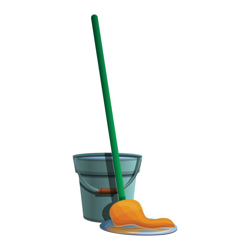 Bucket mop icon, cartoon style vector