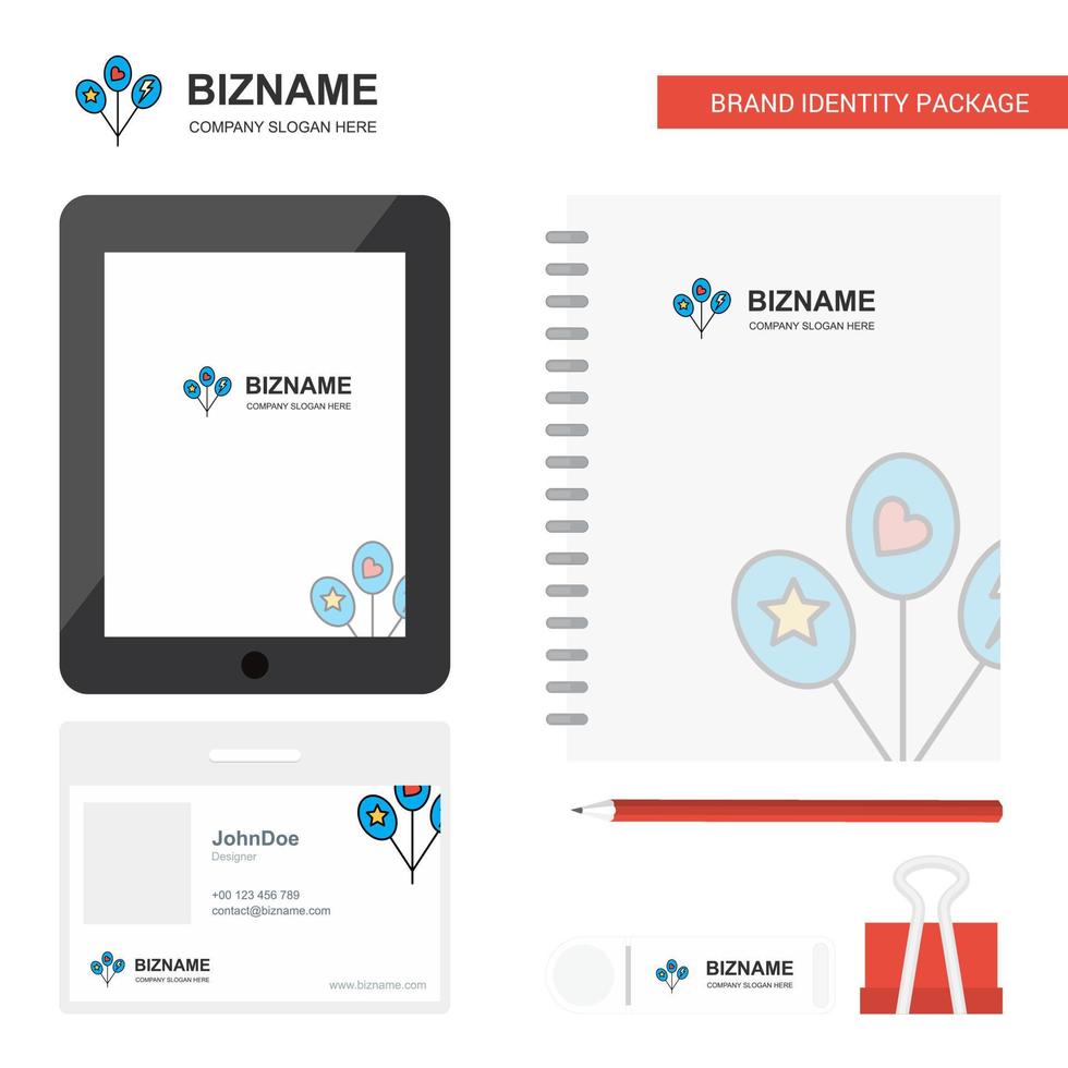 Balloons Business Logo Tab App Diary PVC Employee Card and USB Brand Stationary Package Design Vector Template