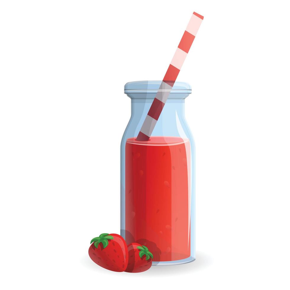 Strawberry smoothie bottle icon, cartoon style vector