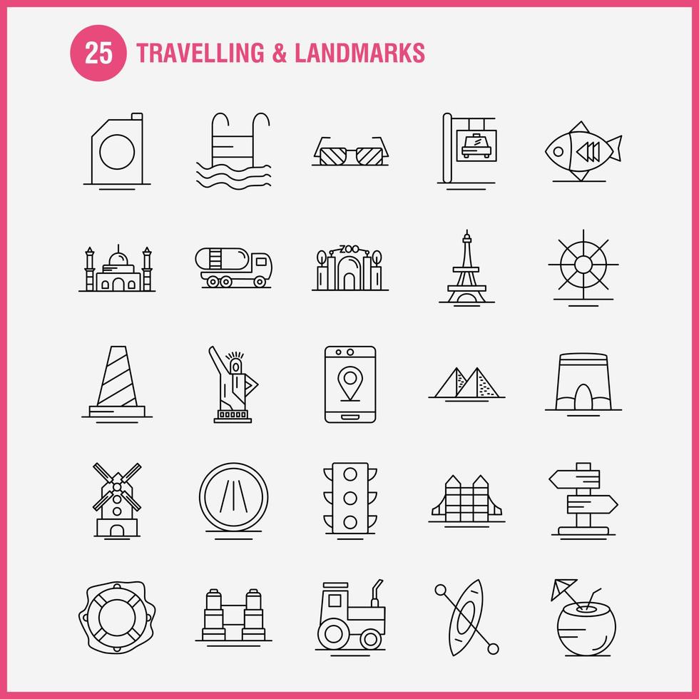 Travelling And Landmarks Line Icon for Web Print and Mobile UXUI Kit Such as Fish Sea Food Snapper Food Arch Landmark Travel Pictogram Pack Vector
