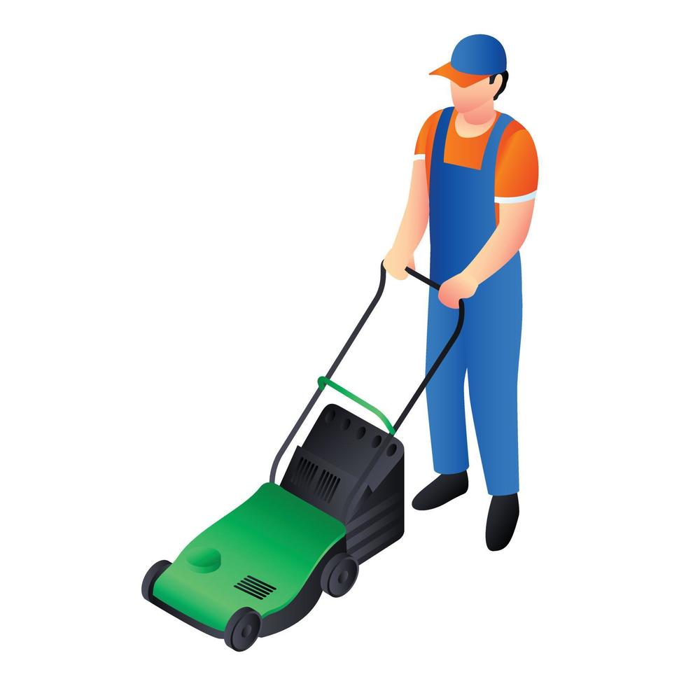 Green lawnmower icon, isometric style vector