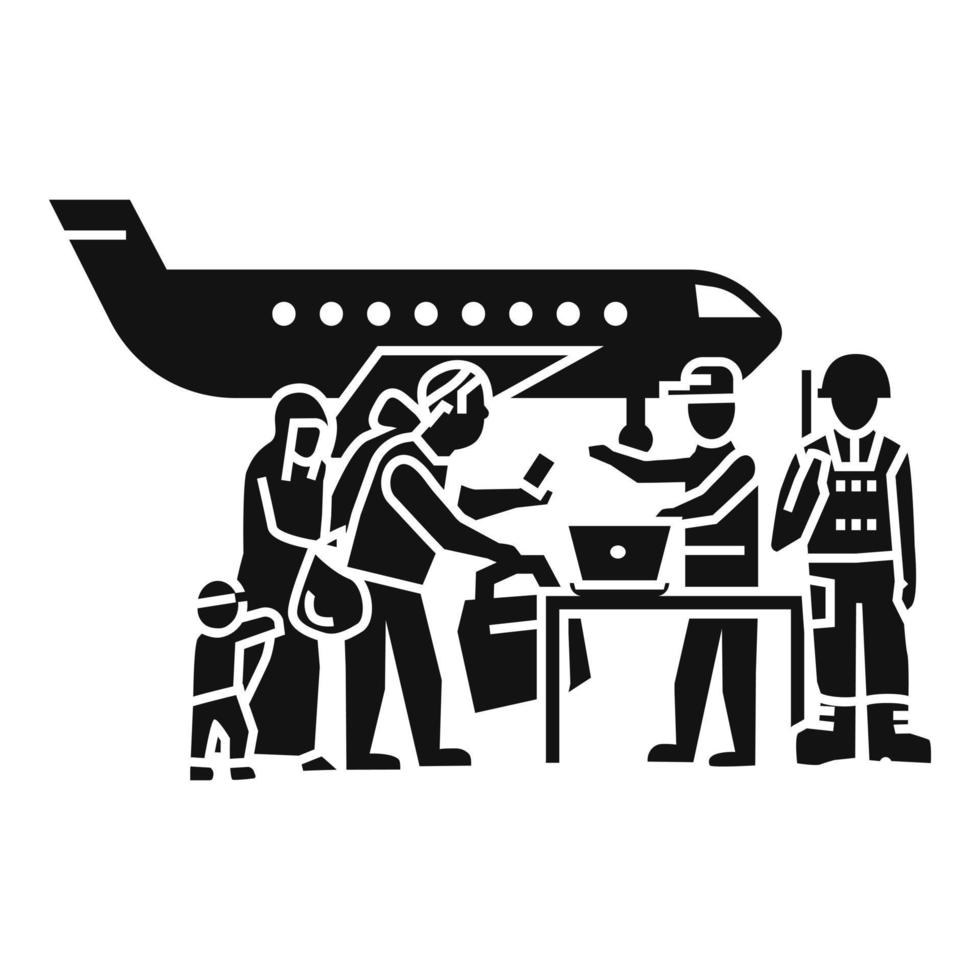 Migrant people on plane icon, simple style vector