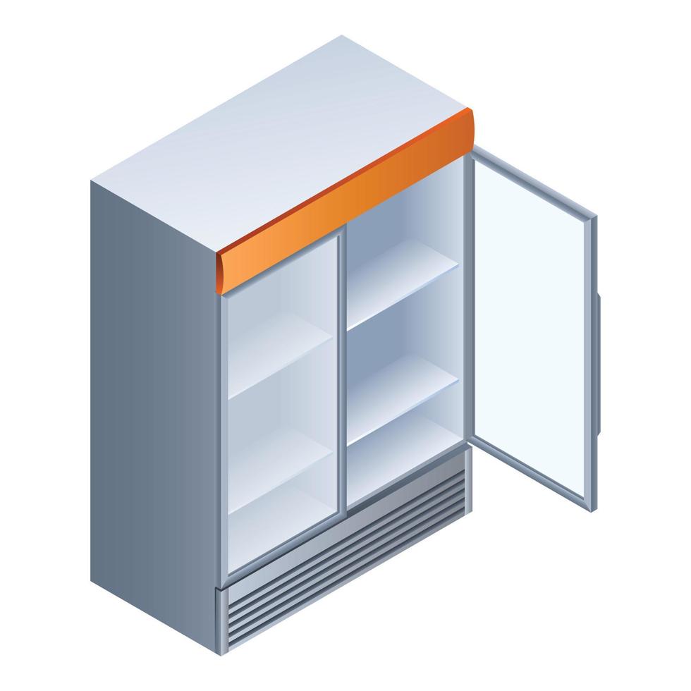 Empty open drink fridge icon, isometric style vector