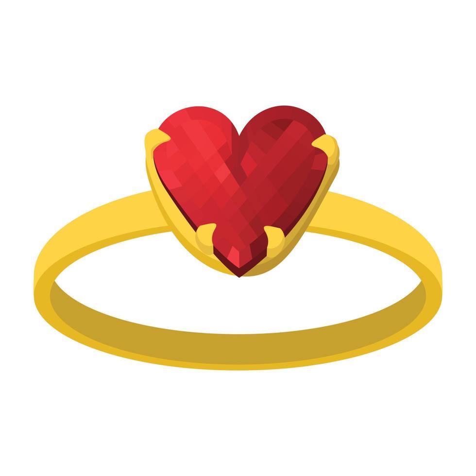 anillo de oro con icono de dibujos animados de piedras preciosas de corazón rojo vector