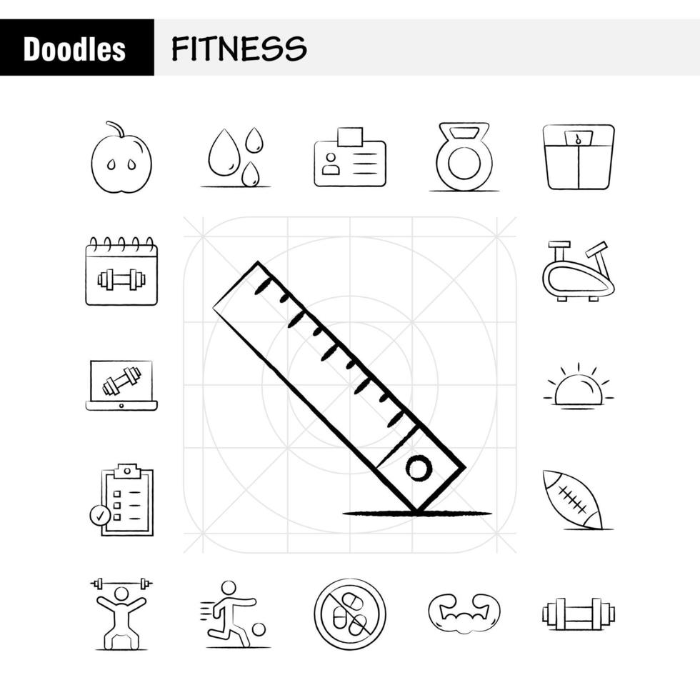 conjunto de iconos dibujados a mano de fitness para infografías, kit de uxui móvil y diseño de impresión, incluye alimentos de manzana, fitness, caída de sangre, conjunto de iconos de tarjeta de identificación de fitness, vector