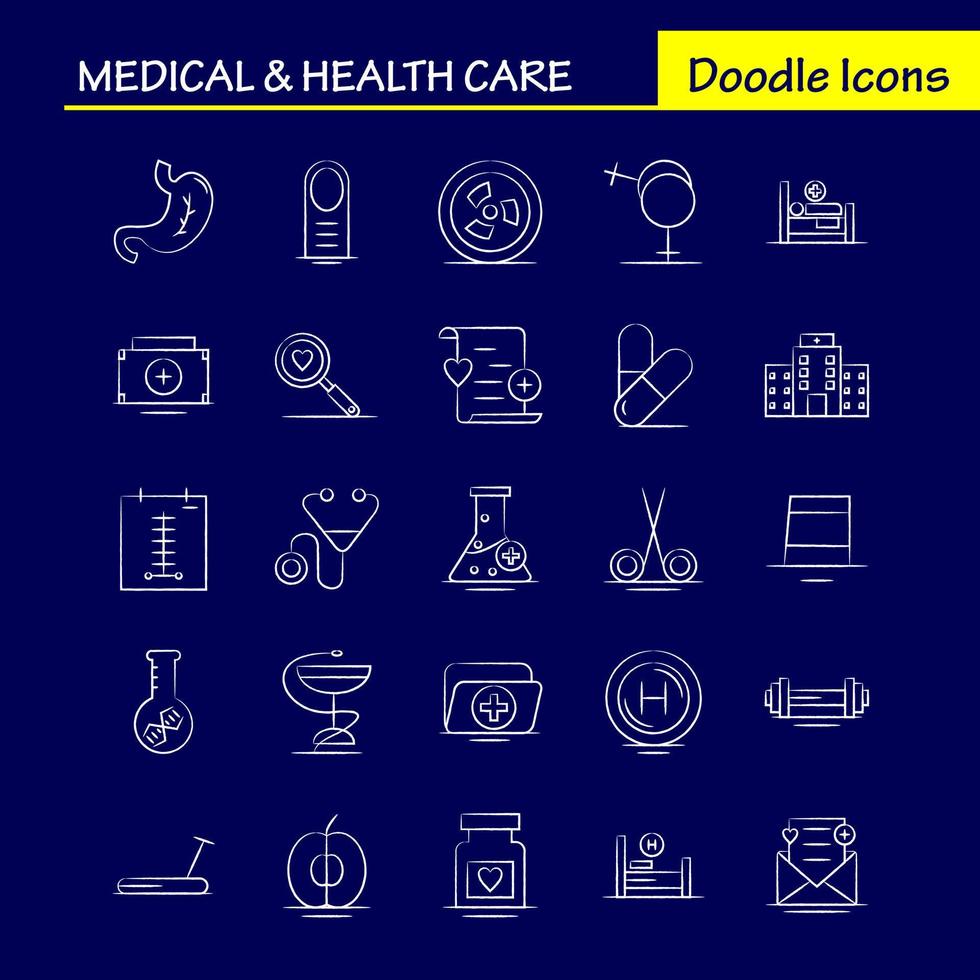 icono dibujado a mano de atención médica y de salud para impresión web y kit de uxui móvil, como matraz, señal de hospital, médico, medicina médica, datos, ventilador, paquete de pictogramas, vector