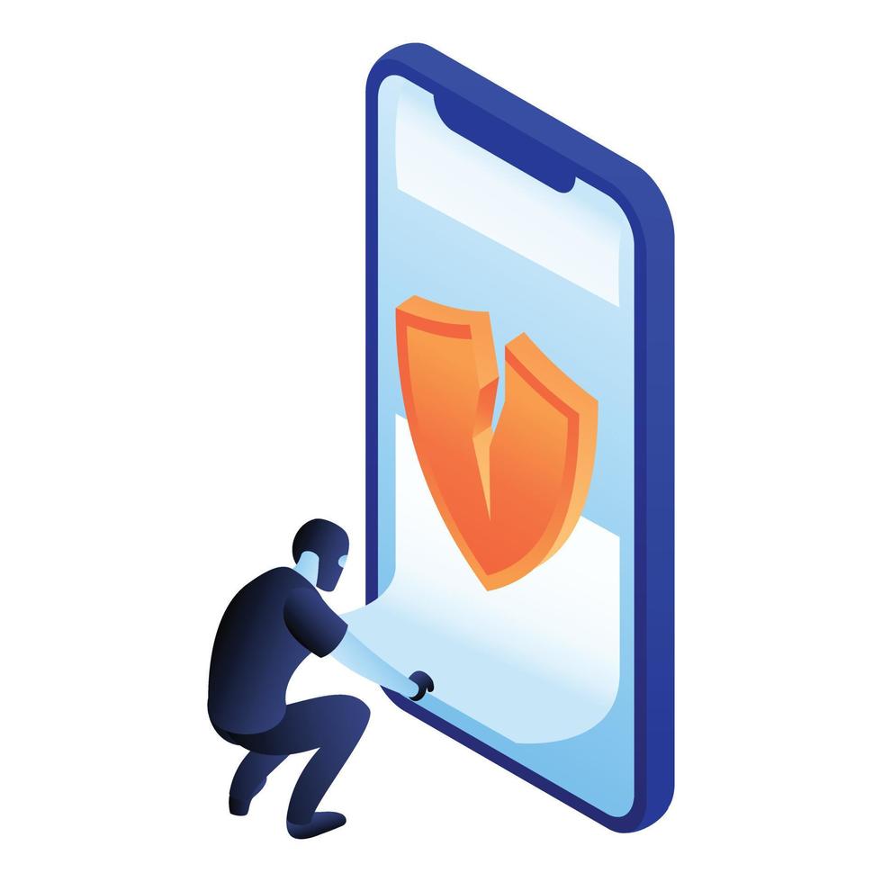 icono de seguridad del teléfono inteligente crack, estilo isométrico vector