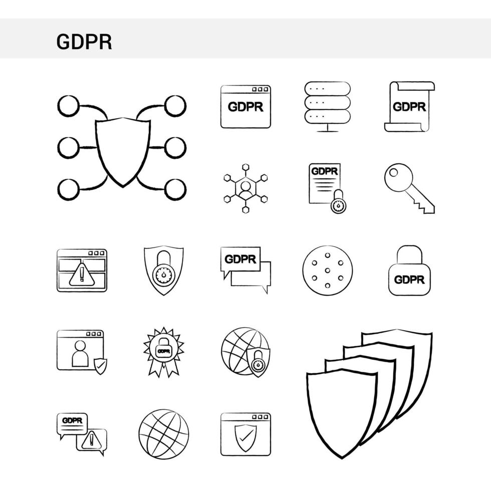 estilo de conjunto de iconos dibujados a mano gdpr aislado en vector de fondo blanco