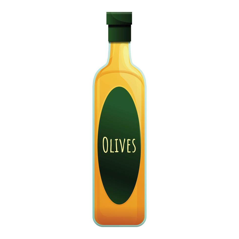 Olive oil bottle icon, cartoon style vector