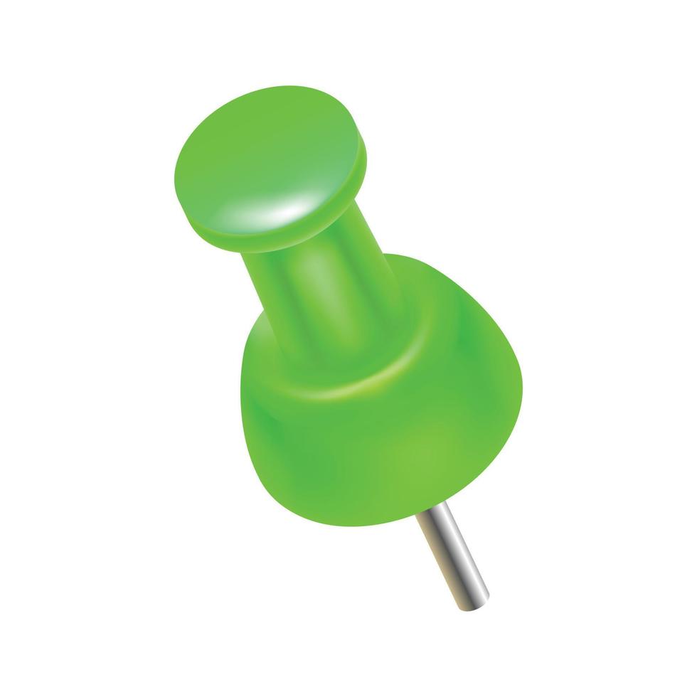 Green push pin icon, realistic style vector