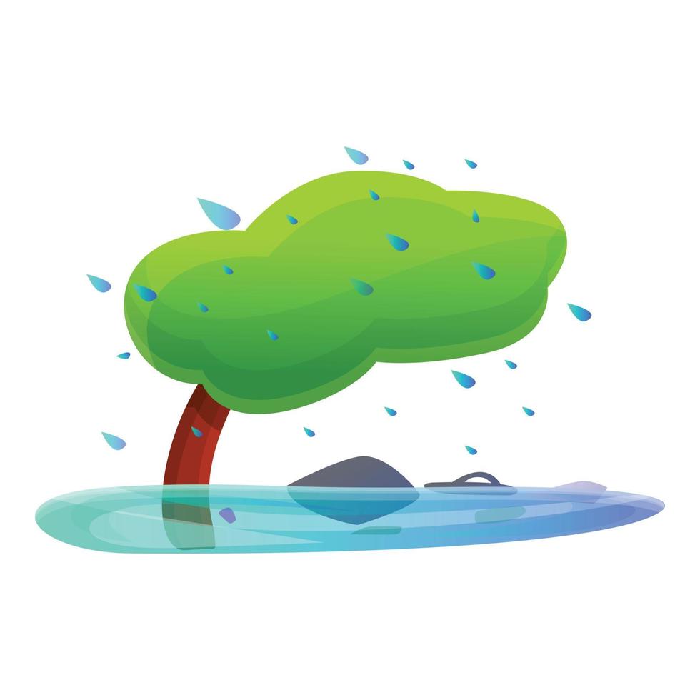 árbol bajo el icono del viento de tormenta, estilo de dibujos animados vector