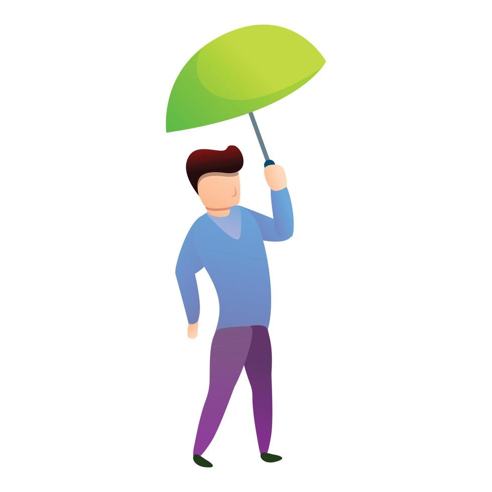 Boy with lime color umbrella icon, cartoon style vector