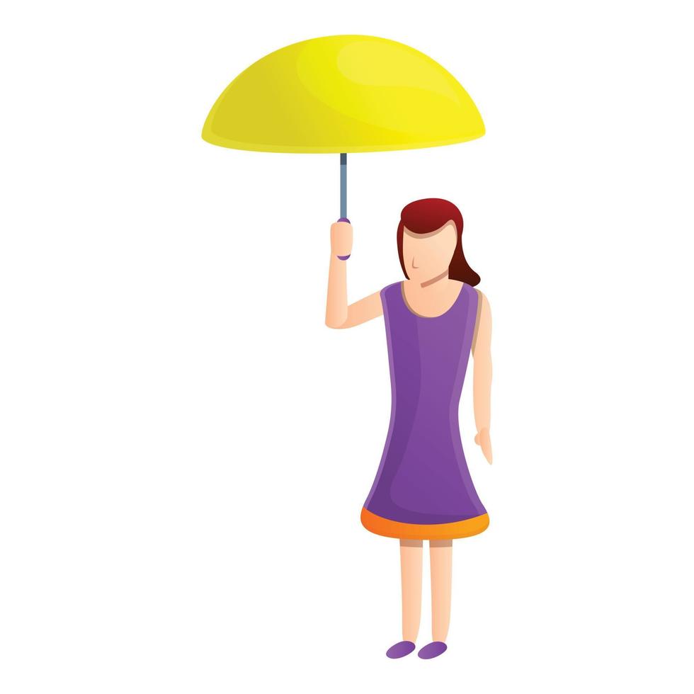 icono de paraguas amarillo de mujer joven, estilo de dibujos animados vector