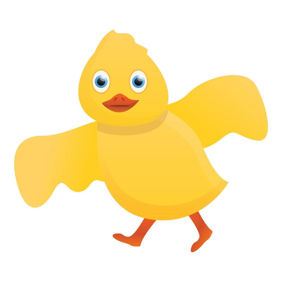 pato amarillo intenta volar icono, estilo de dibujos animados vector