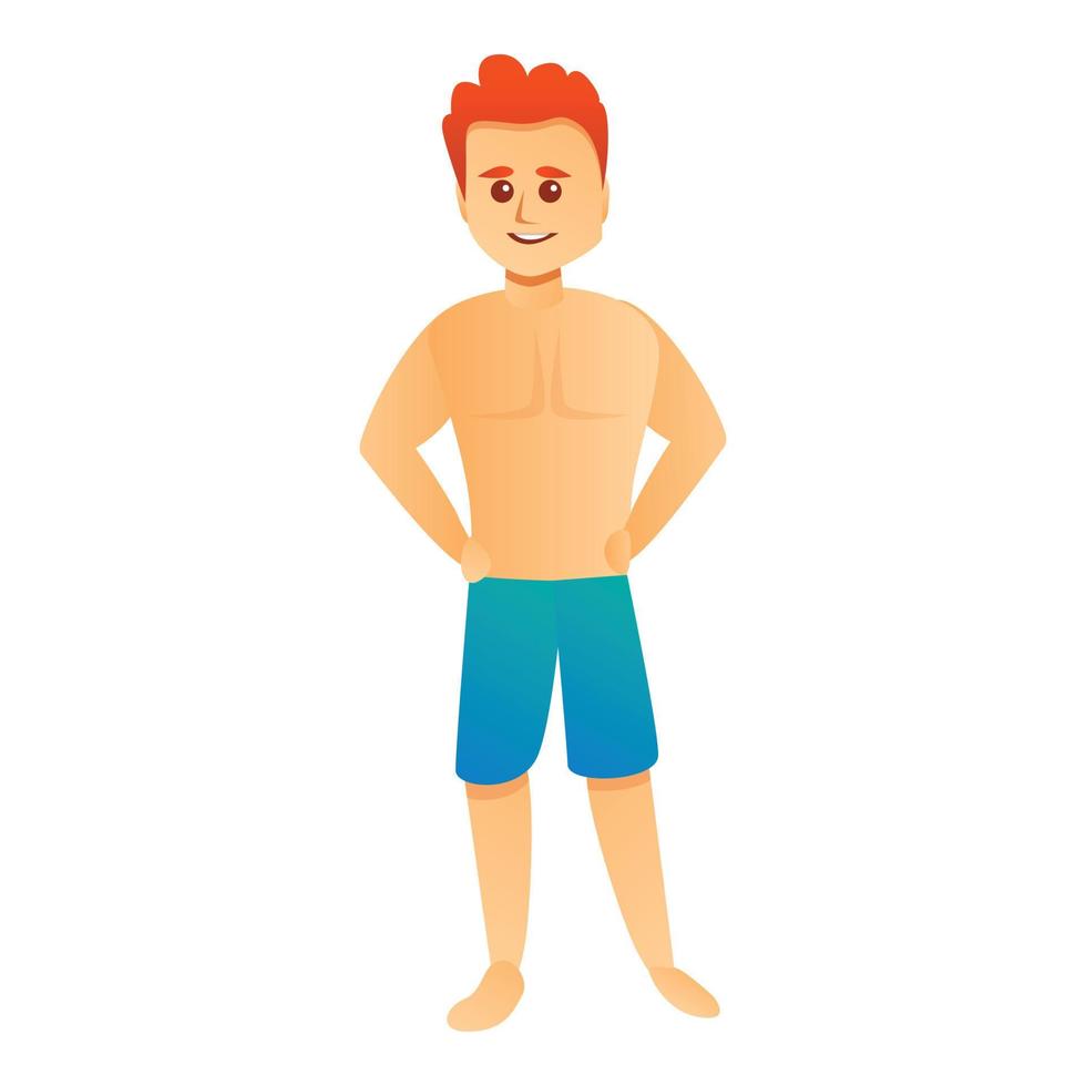 Red hair boy swim shorts icon, cartoon style vector