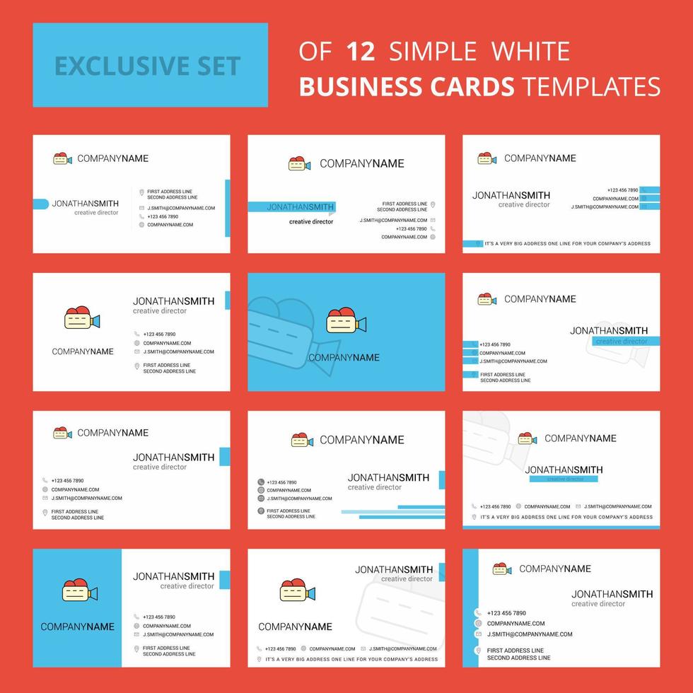 conjunto de 12 plantilla de tarjeta de negocios creativa de videocámara logotipo creativo editable y fondo de tarjeta de visita vector