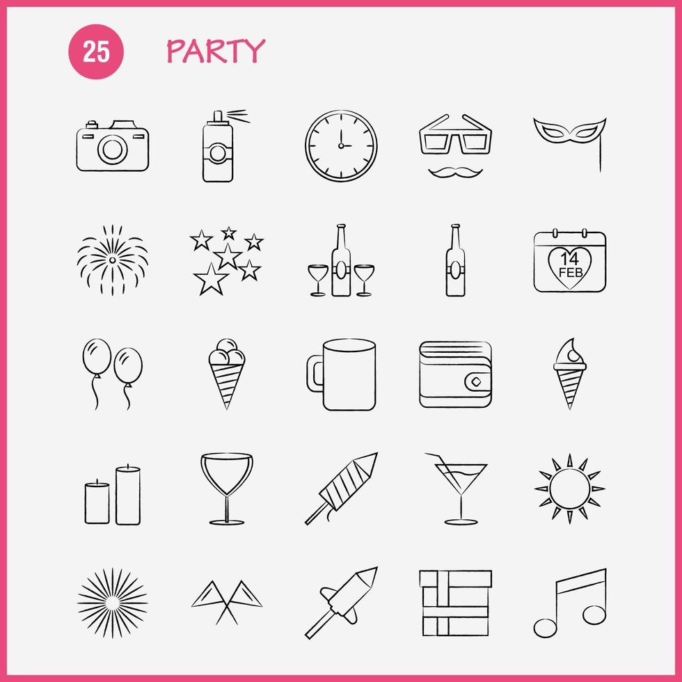 icono dibujado a mano de fiesta para impresión web y kit de uxui móvil como calendario cumpleaños fecha año jugo bebida vidrio fiesta pictograma paquete vector