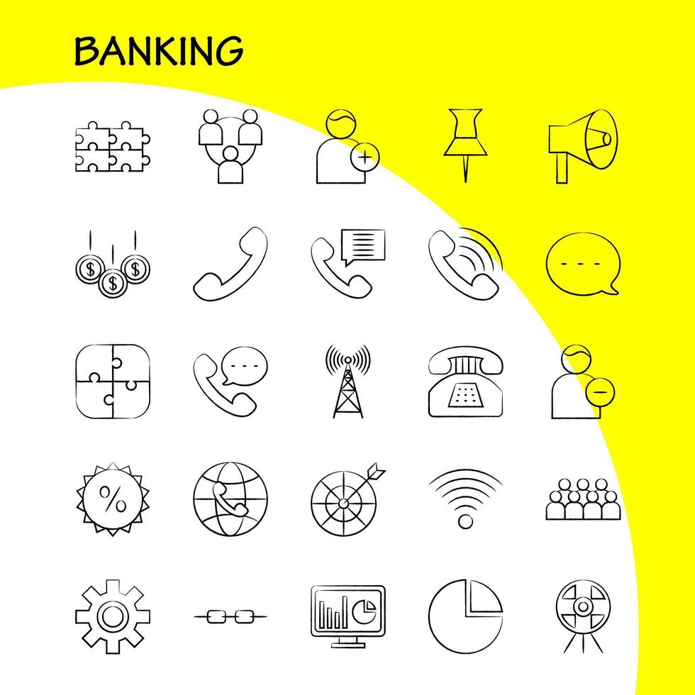 Banking Hand Drawn Icon for Web Print and Mobile UXUI Kit Such as World Online Shopping Phone Telephone Chat Phone Mail Pictogram Pack Vector