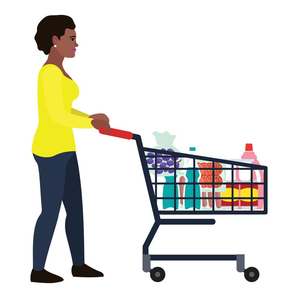 icono de carrito de compras de mujer afroamericana, estilo plano vector