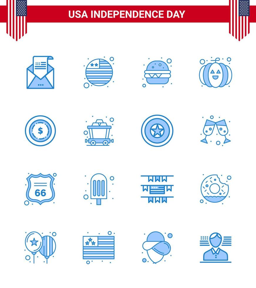 Modern Set of 16 Blues and symbols on USA Independence Day such as cart dollar burger american pumpkin Editable USA Day Vector Design Elements