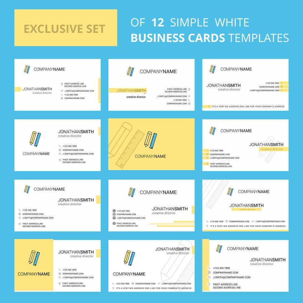 Set of 12 Pencil and scale Creative Busienss Card Template Editable Creative logo and Visiting card background vector