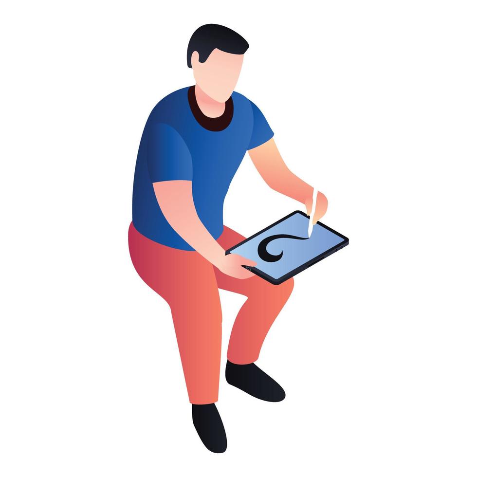 Man drawing at tablet icon, isometric style vector