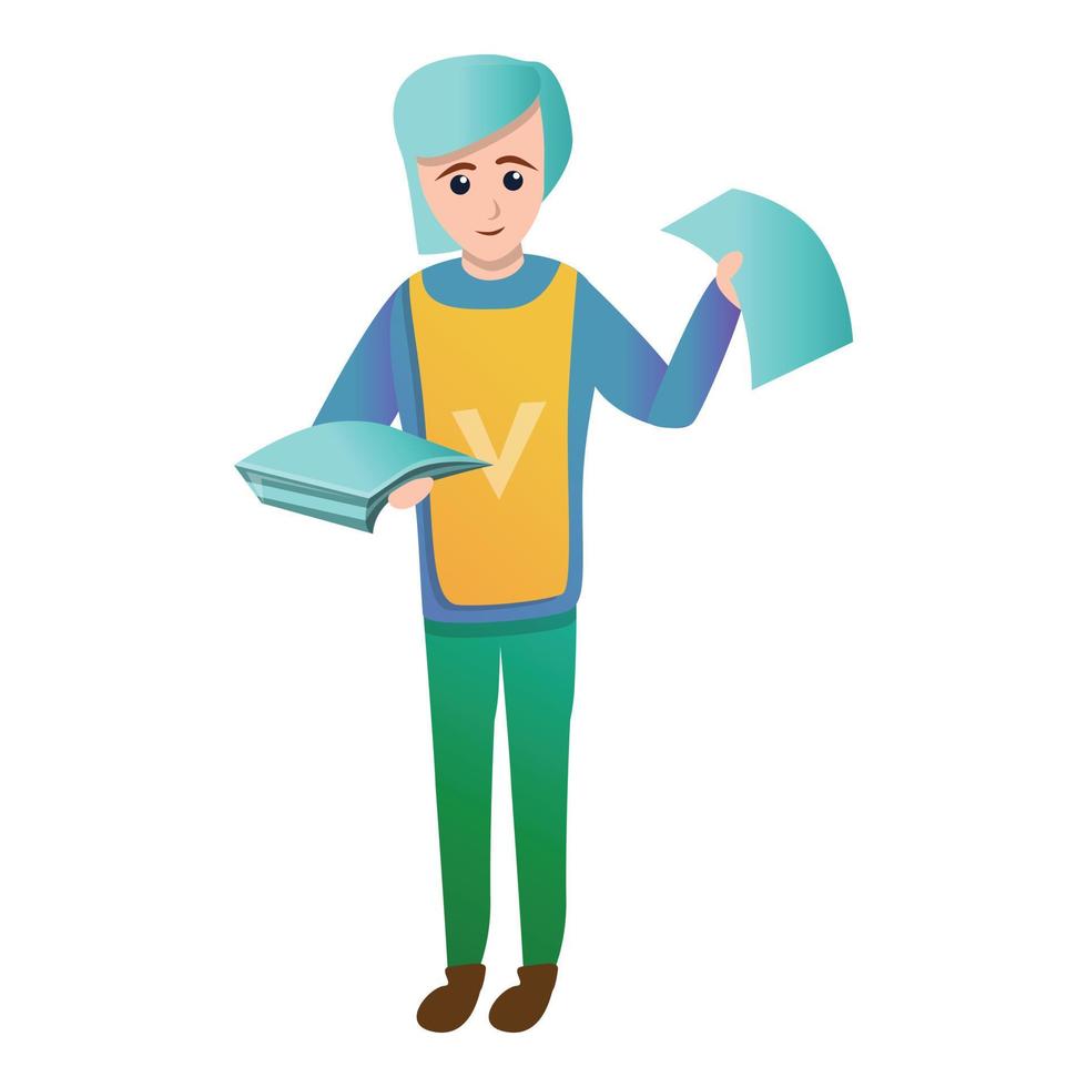 Volunteer girl give papers icon, cartoon style vector