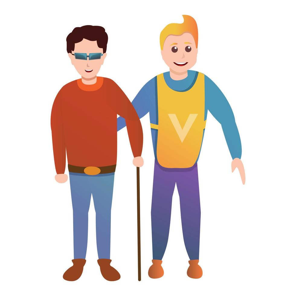 Volunteer help blind man icon, cartoon style vector