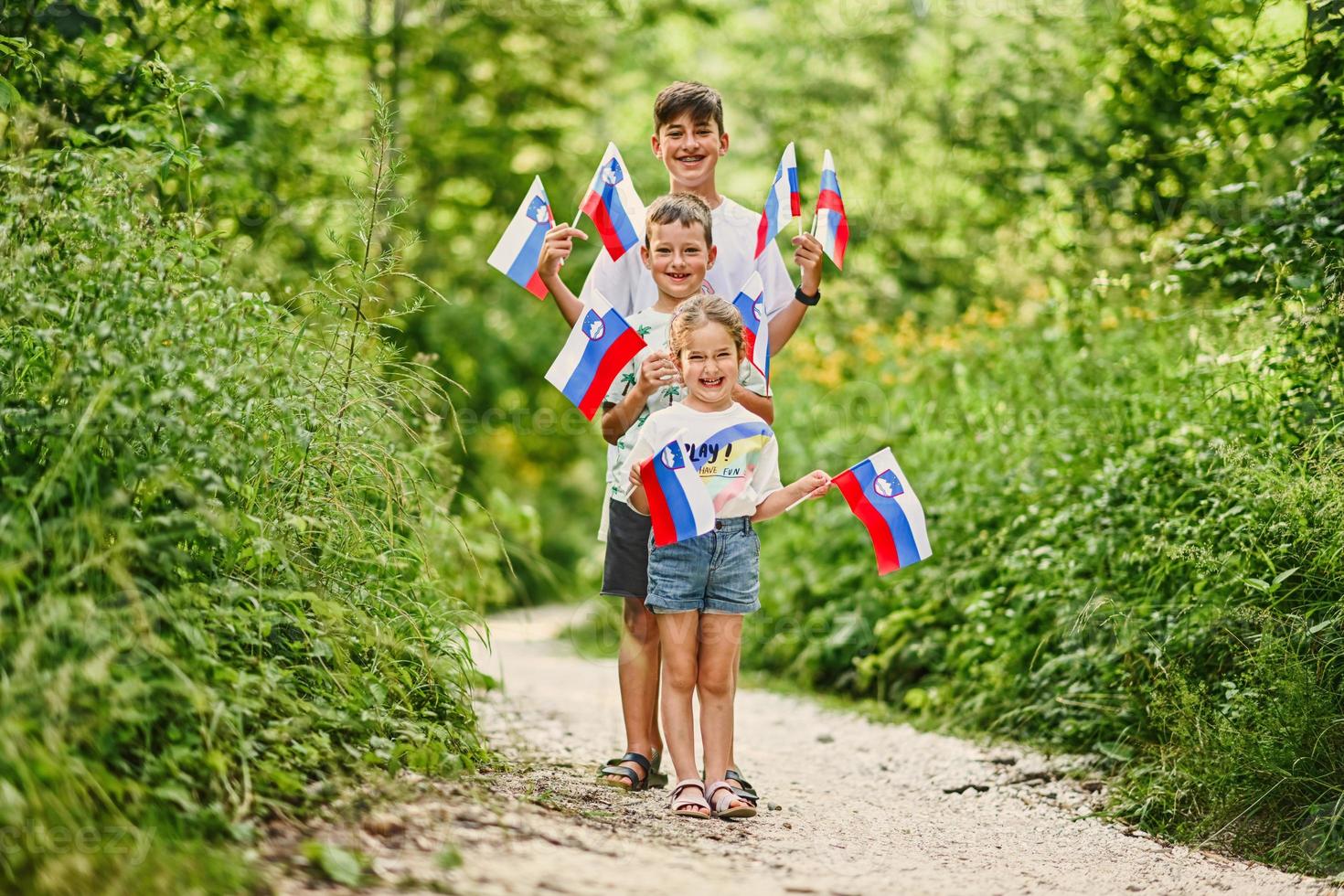 Three kids hold slovenian flags in Triglav National Park, Slovenia. photo