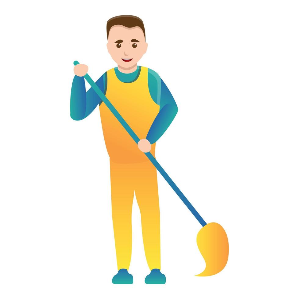 Man cleaning home with broom icon, cartoon style vector