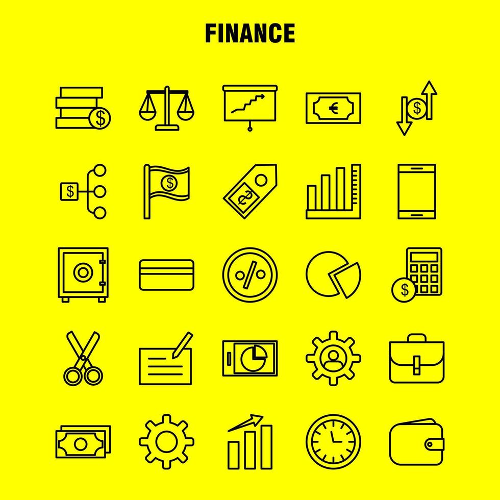 los iconos de línea de finanzas establecidos para infografías kit de uxui móvil y diseño de impresión incluyen gráfico circular presentación de negocios campana sonando colección de anillos logotipo y pictograma de infografía moderna vector