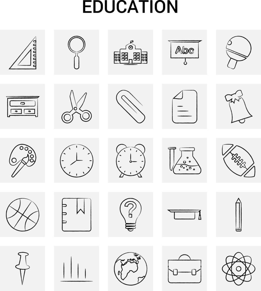 25 iconos de educación dibujados a mano conjunto garabato de vector de fondo gris