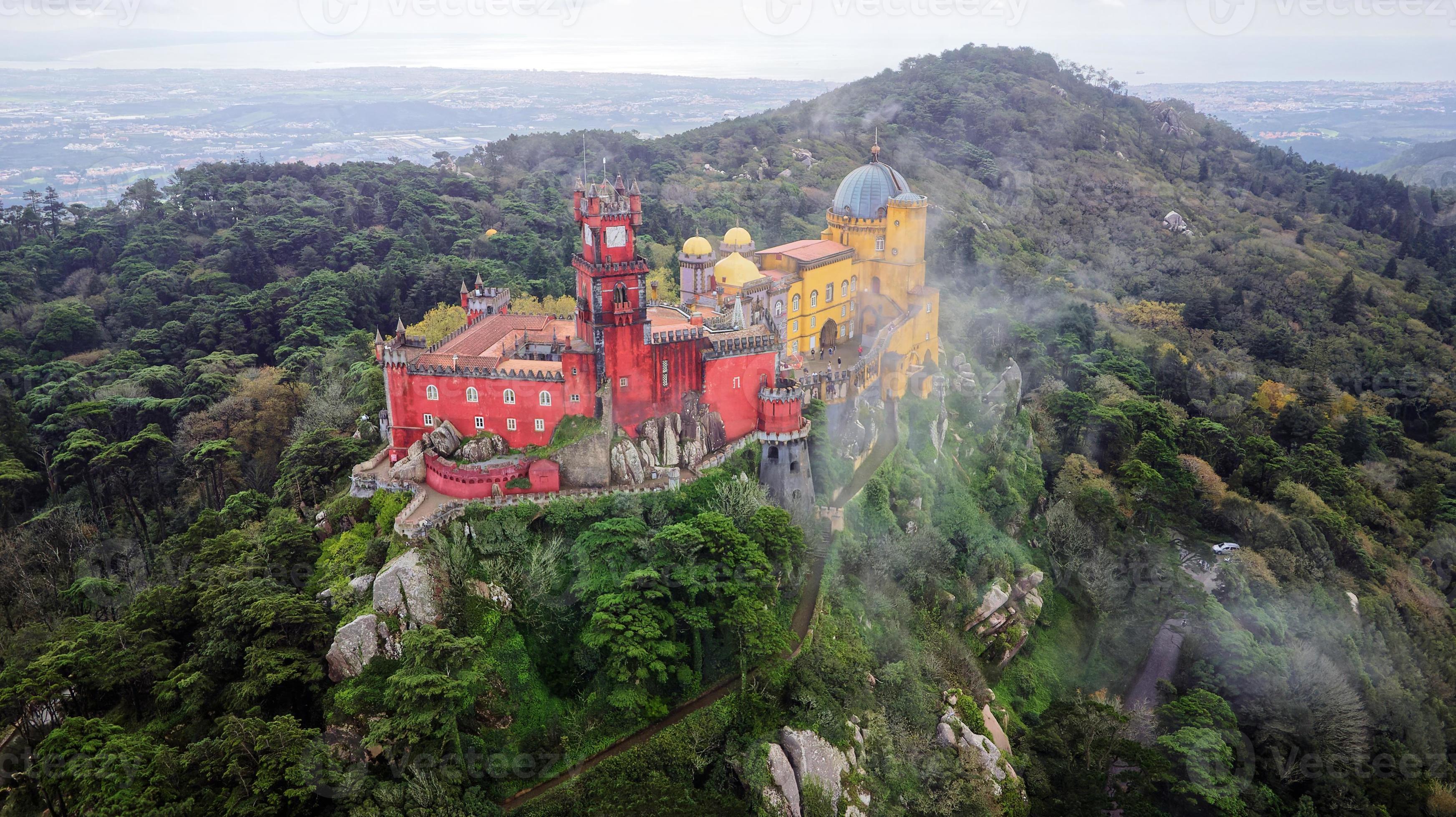 Aerial drone view of Park and National Palace of Pena in Sintra