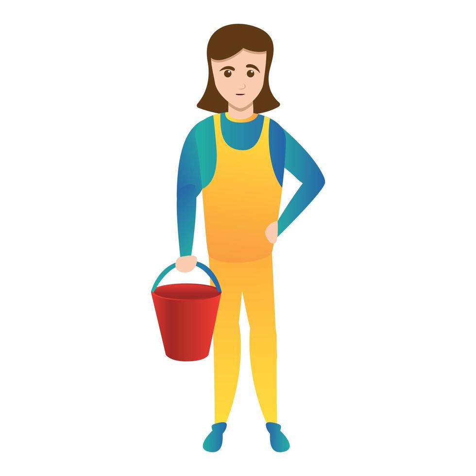 Woman with red bucket icon, cartoon style vector