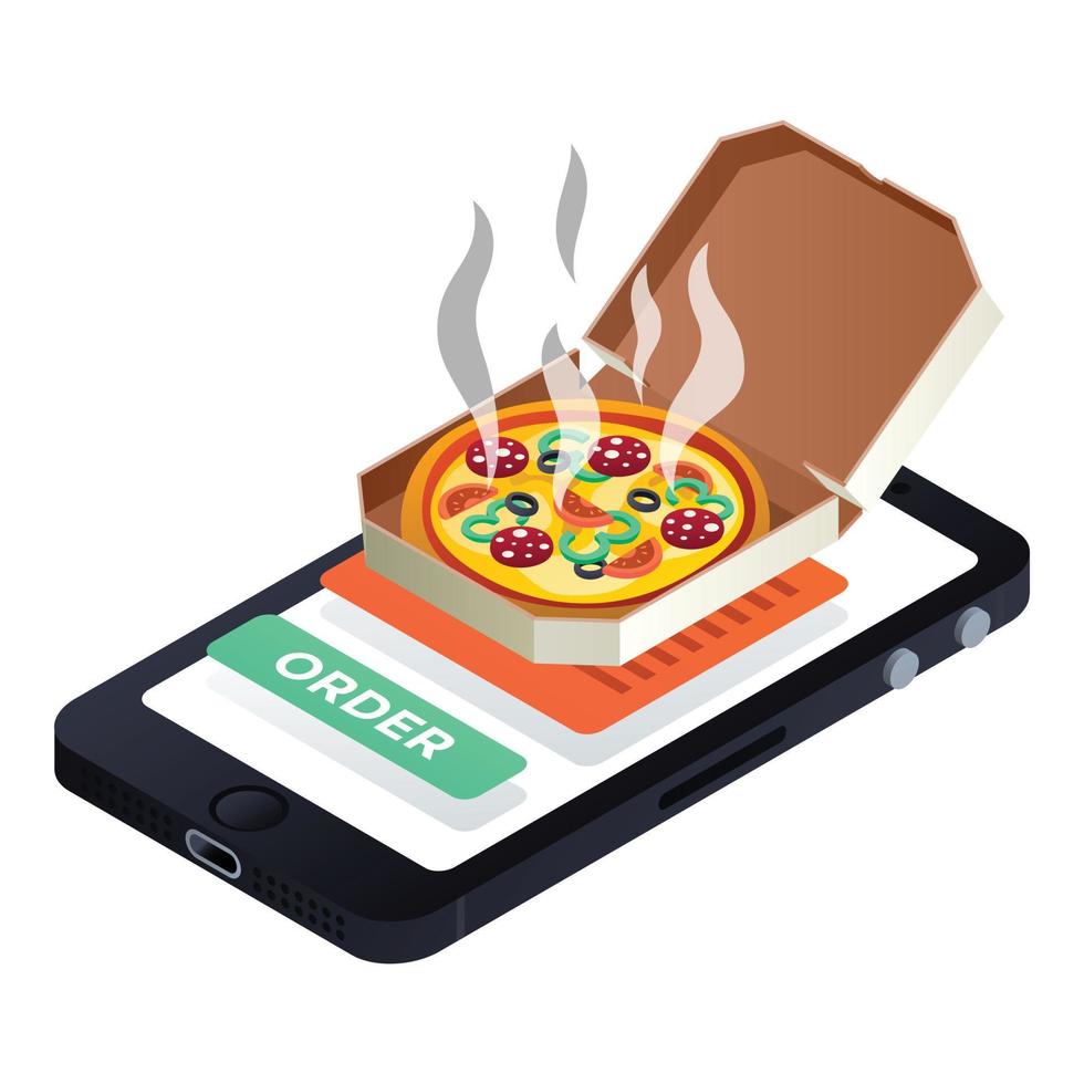 icono de pedido de pizza para smartphone, estilo isométrico vector