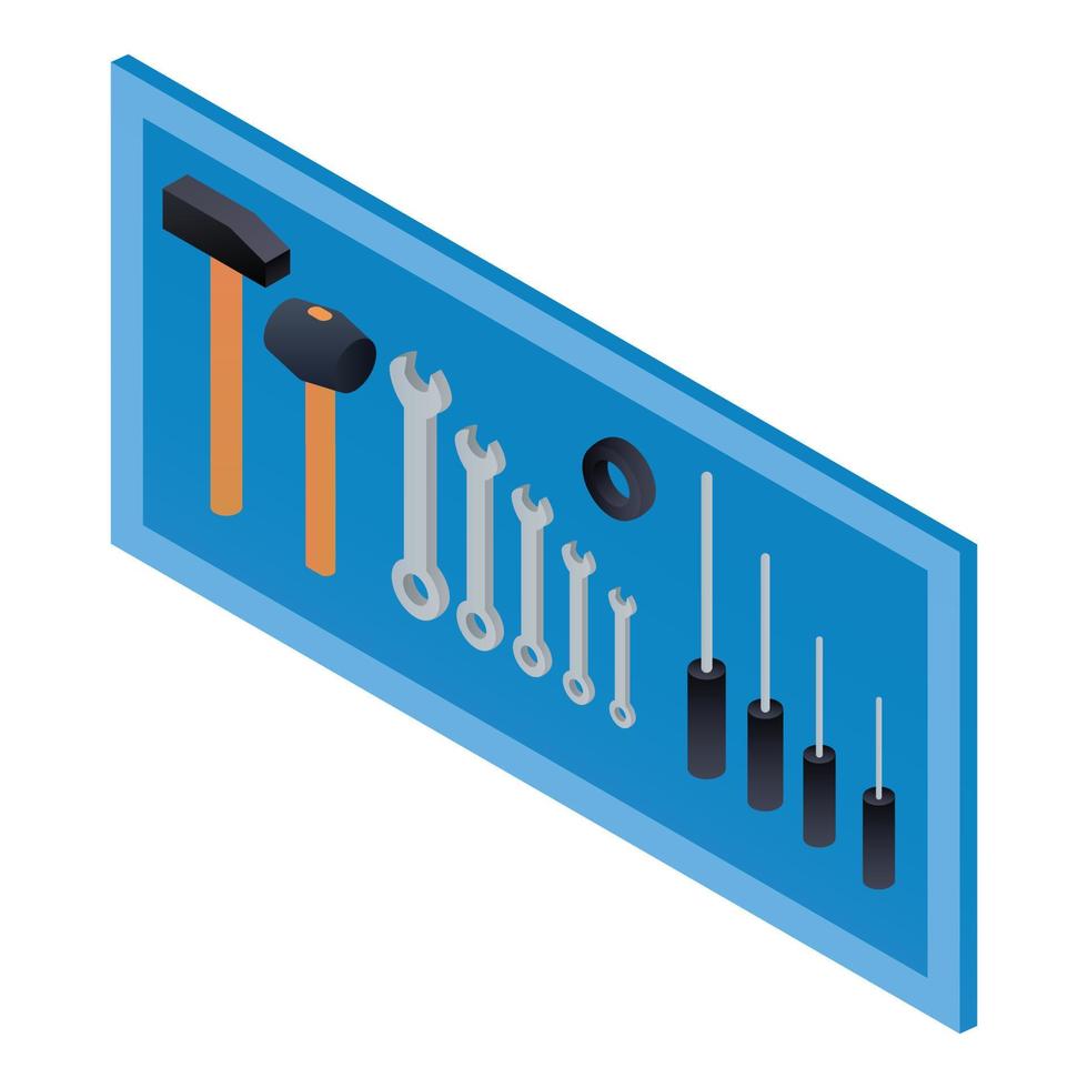 Carpenter tools on wall stand icon, isometric style vector