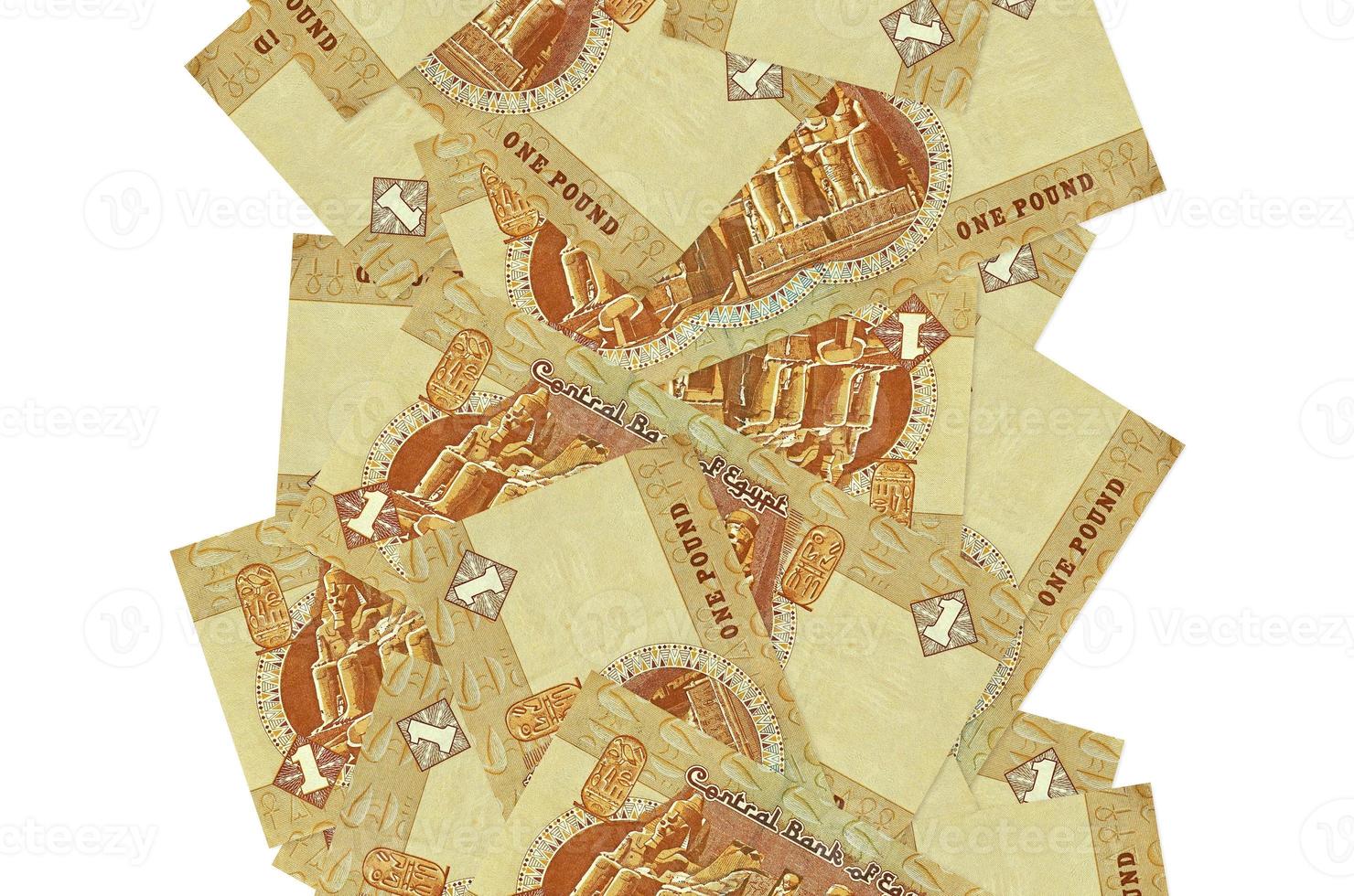1 Egyptian pound bills flying down isolated on white. Many banknotes falling with white copyspace on left and right side photo