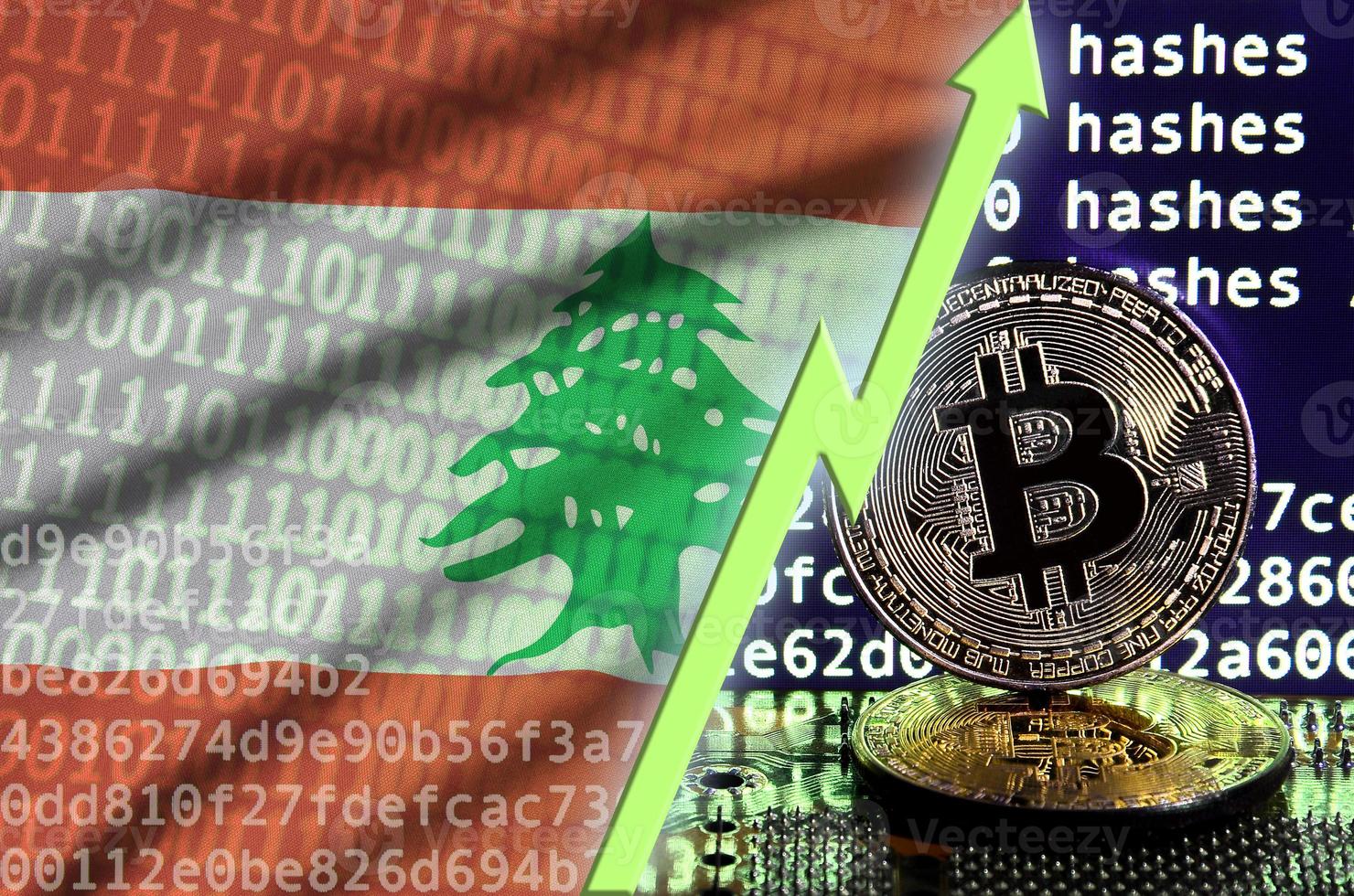 bandera de líbano y flecha verde ascendente en la pantalla de minería de bitcoin y dos bitcoins dorados físicos foto